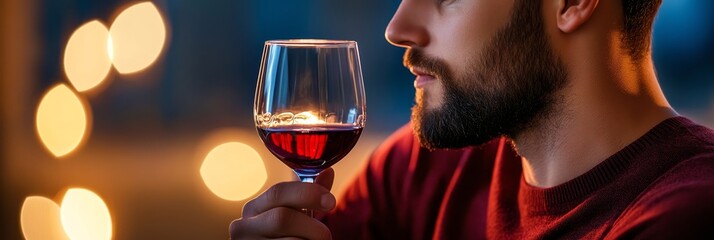 Man Savoring Red Wine - A man with a beard holds a glass of red wine, enjoying the aroma. Warm, inviting bokeh lights in the background