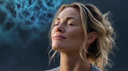 A woman sits peacefully, eyes closed, practicing meditation while engaging with AI-guided breathing techniques. Soft lighting creates a calming atmosphere, enhancing her mindfulness