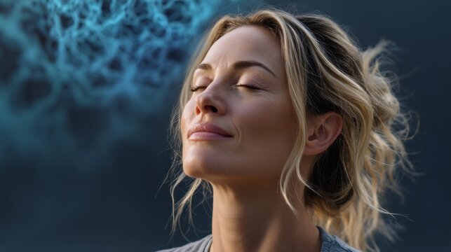 A woman sits peacefully, eyes closed, practicing meditation while engaging with AI-guided breathing techniques. Soft lighting creates a calming atmosphere, enhancing her mindfulness