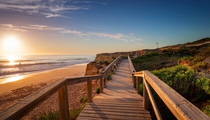 Fototapeta premium idyllic algarve coastline wooden st leading to scenic beach at sunrise