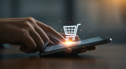 Fototapeta na wymiar E-commerce transaction action mobile device digital shopping cart icon indoor environment close-up view online shopping concept