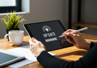 Digital update action office space tablet interaction modern environment close-up view technology concept for enhanced productivity
