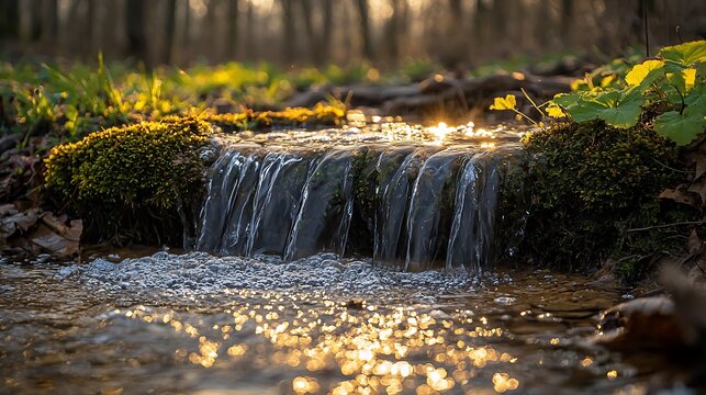 Sunlight streams on forest brook
