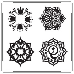 Islamic ornament silhouette icons set – black vector floral and geometric arabesque patterns, crescent moon and star symbols for Ramadan, Eid, mosque or spiritual design.

