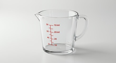 Clear glass measuring cup with red markings for culinary usage