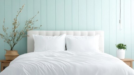 A tranquil bedroom featuring a plush white bed, soft pillows, and minimalistic decor, perfect for a calming and restful atmosphere for modern living.