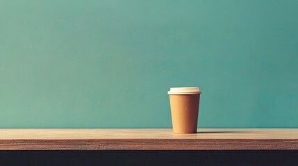 Simple Coffee Cup on Wooden Table with Turquoise Background