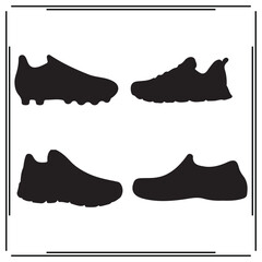 Sneaker shoe silhouette icon set – black sport footwear design collection for fitness, training, running, gym, athletic gear or casual fashion isolated on white background.