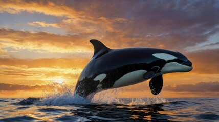 Fototapeta premium Majestic orca leaping at sunset