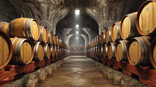 Wine barrels in a historic underground cellar, illuminating the interior. Stock photo for wine tourism
