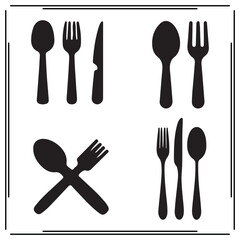 Cutlery icons set – black silhouette spoon, fork and knife symbols for restaurant, dining, kitchen or food menu design – utensil vector illustrations on white background.

