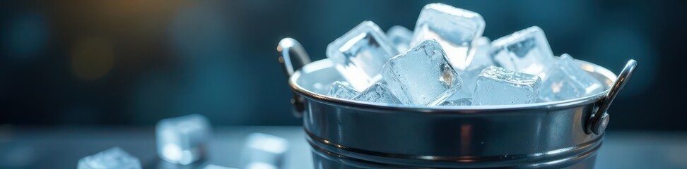 Obraz premium Gleaming silver bucket brimming with ice cubes , drinks, refreshment