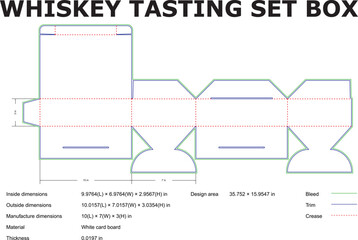 Detailed engineering diagram of a whiskey tasting set box die cut with dimensions and specifications