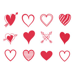 Collection of red heart illustrations,Hand drawn hearts.Set of Doodle Style Red Hearts  Vector symbol icon set.black and white.illustration design.