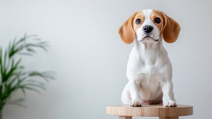 A lovely Beagle dog poses gracefully on a round wooden platform, embodying charm and curiosity, enhanced by the minimalistic background that highlights its beauty and character.