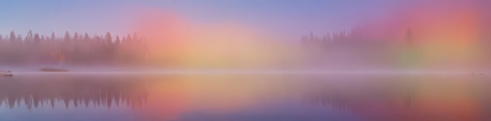 Obraz premium Vibrant rainbow colored fog drifts across still lake surface, soothing shades , photography, rainbow fog