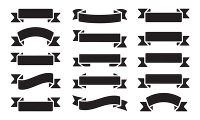 A collection of simple, black ribbon/banner shapes in various styles  on white