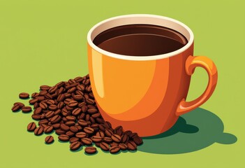 Obraz premium Orange coffee cup filled with hot coffee beside roasted coffee beans