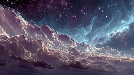 Vast cosmic clouds, bathed in ethereal starlight, stretch across a star-studded sky.  A nebula's vibrant hues ignite the clouds' edges, creating an otherworldly panorama
