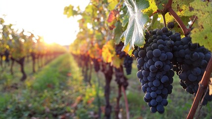 Fototapeta premium Sunlight highlights a cluster of ripe grapes on a vineyard row.