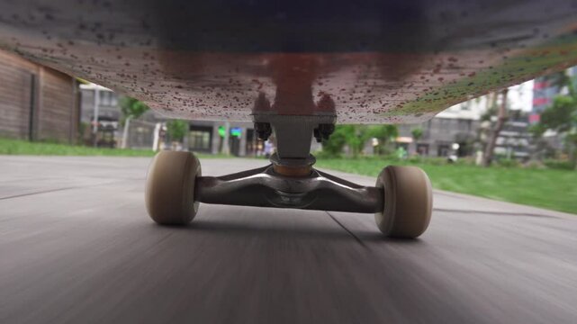 POV skateboarding footage captured from beneath the deck, showcasing smooth cruising and pushing motion. Front wheels and textured asphalt dominate the frame. Raw urban movement and style.