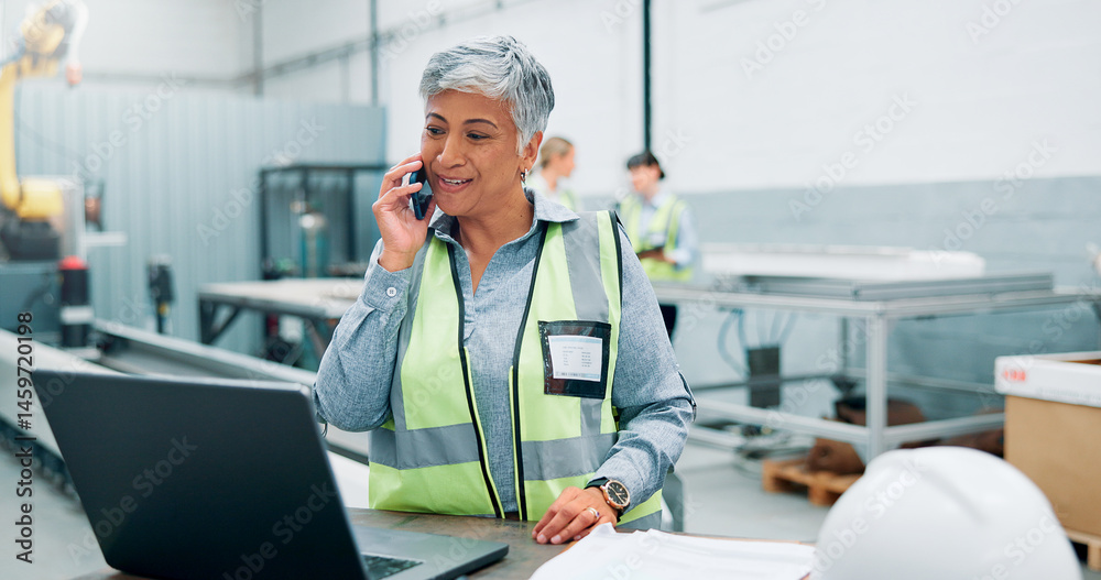 Aufkleber laptop, phone call and robotics with woman in workshop for communication, manufacturing or productio