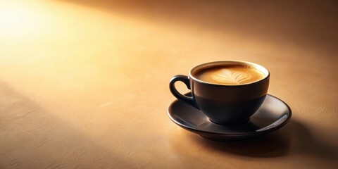 Obraz premium Warm morning sunlight illuminates a dark cup of latte art coffee on a saucer
