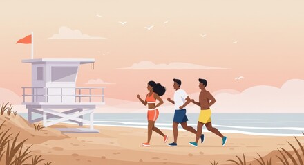 african american people jogging along beach at sunset, illustration. lifeguard tower in background. outdoor activity and healthy lifestyle. fitness, travel, summer vacation banner