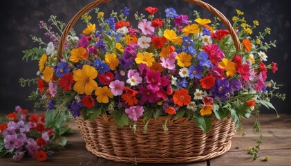 A woven basket overflowing with vibrant, wild edible flowers , wildflowers, purple