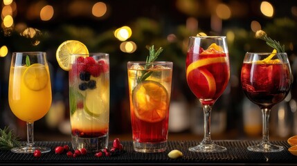 Diverse Collection of Alcoholic Cocktails in Chic Glassware, Perfect for Autumn and Winter Gatherings
