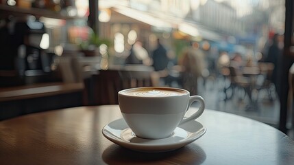 Fototapeta premium Freshly Brewed Coffee Cup on Wooden Table in Cozy Cafe Environment