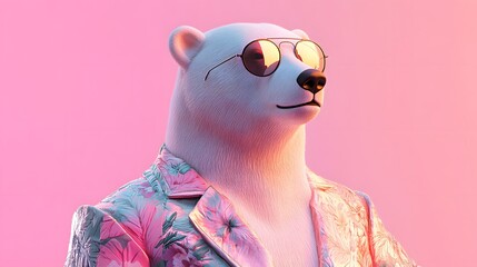 Stylish polar bear in a floral jacket and sunglasses.