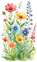 Watercolor painting depicting a cluster of wildflowers with red, yellow, blue, and orange blossoms. Green stems and leaves form the background, with a soft, white, possibly transparent, background. 