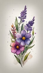 Watercolor painting of a bouquet featuring purple and pink flowers, green leaves, and a light beige background. The flowers are the main focus, arranged loosely. The background is a soft beige 
