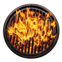 Grill with flames burning brightly isolated on transparent background