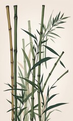 Tall bamboo stalks with long green leaves against a light beige background. The style is painterly and somewhat abstract. The overall mood is serene and peaceful. No people are present. 