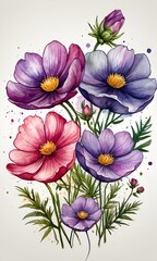 A watercolor painting depicts a bouquet of cosmos flowers in pink and purple hues. The background is off-white with watercolor splatters. The flowers are the main focus.