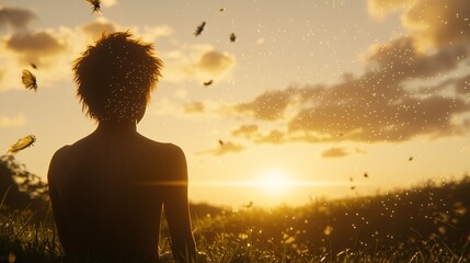 of person looking at sunset with transparent floating specks around the scene, representing floater vision, symbolic representation, tranquil mood, minimal design with open sky space for text 