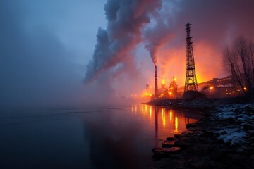 Fototapeta premium Ironwork Facility Emitting Nitrogen Oxide Fumes Near Scenic Lake: Environmental Impact and Air Contamination Concerns