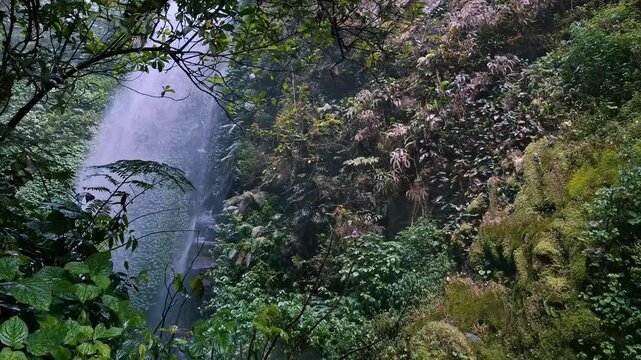 View of the Curug Cibeureum waterfall, West Java.