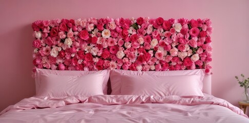 A floral headboard adorns a pink bed with pink sheets , petals, girly, floral