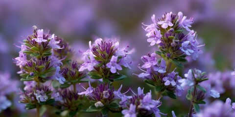 Blooming Thymus Vulgaris: An Aromatic Beauty in its Natural Blue Background