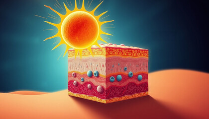 Colorful skin layers with sun illustration, showcasing skin health and protection