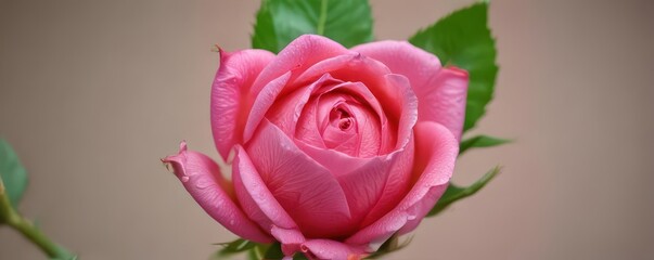 Fototapeta premium A tightly furled pink rosebud on a vibrant green stem , flora, beautiful