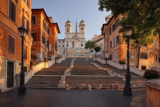 Morning Views of the Iconic Spanish Steps in Rome: A Stunning Architectural Landmark at Piazza di Spagna