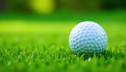 Fototapeta premium Close-up of golf ball resting on lush green grass, accuracy, leaf
