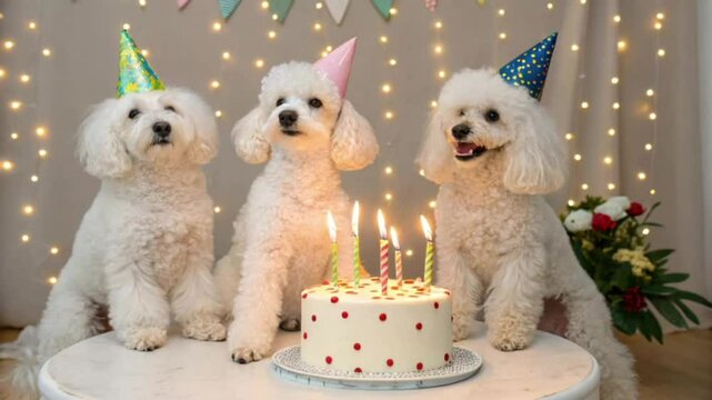Three white poodles in party hats celebrate birthday with cake and candles