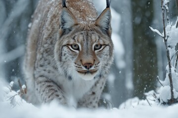 Obraz premium A majestic lynx walks through a snowy forest, its piercing gaze captivating.