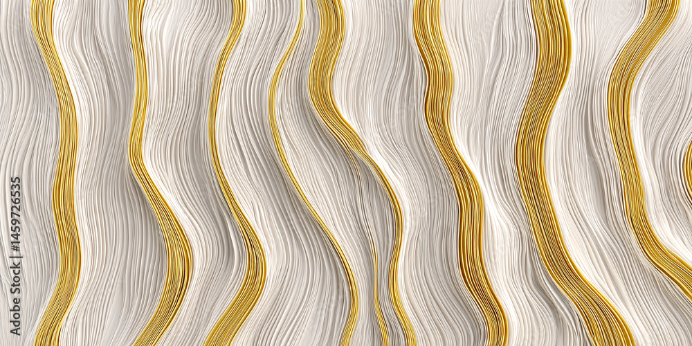 Poster Abstract image of wavy white and gold lines creating a flowing texture, showcasing elegance and luxury design suitable for backgrounds or patterns