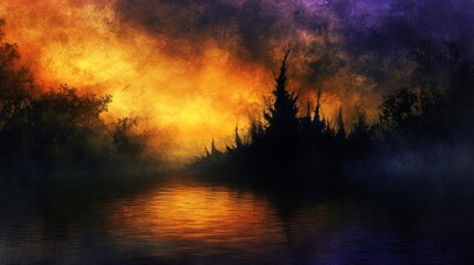 Obraz premium Fiery Sunset Over a Misty River and Silhouetted Forest